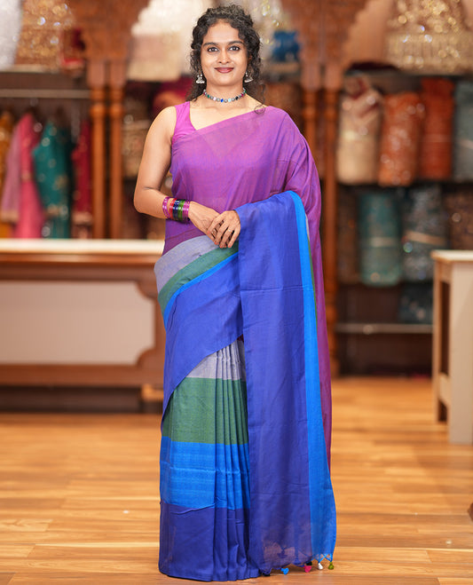 Borderless Navy Blue Khadi Cotton Saree
