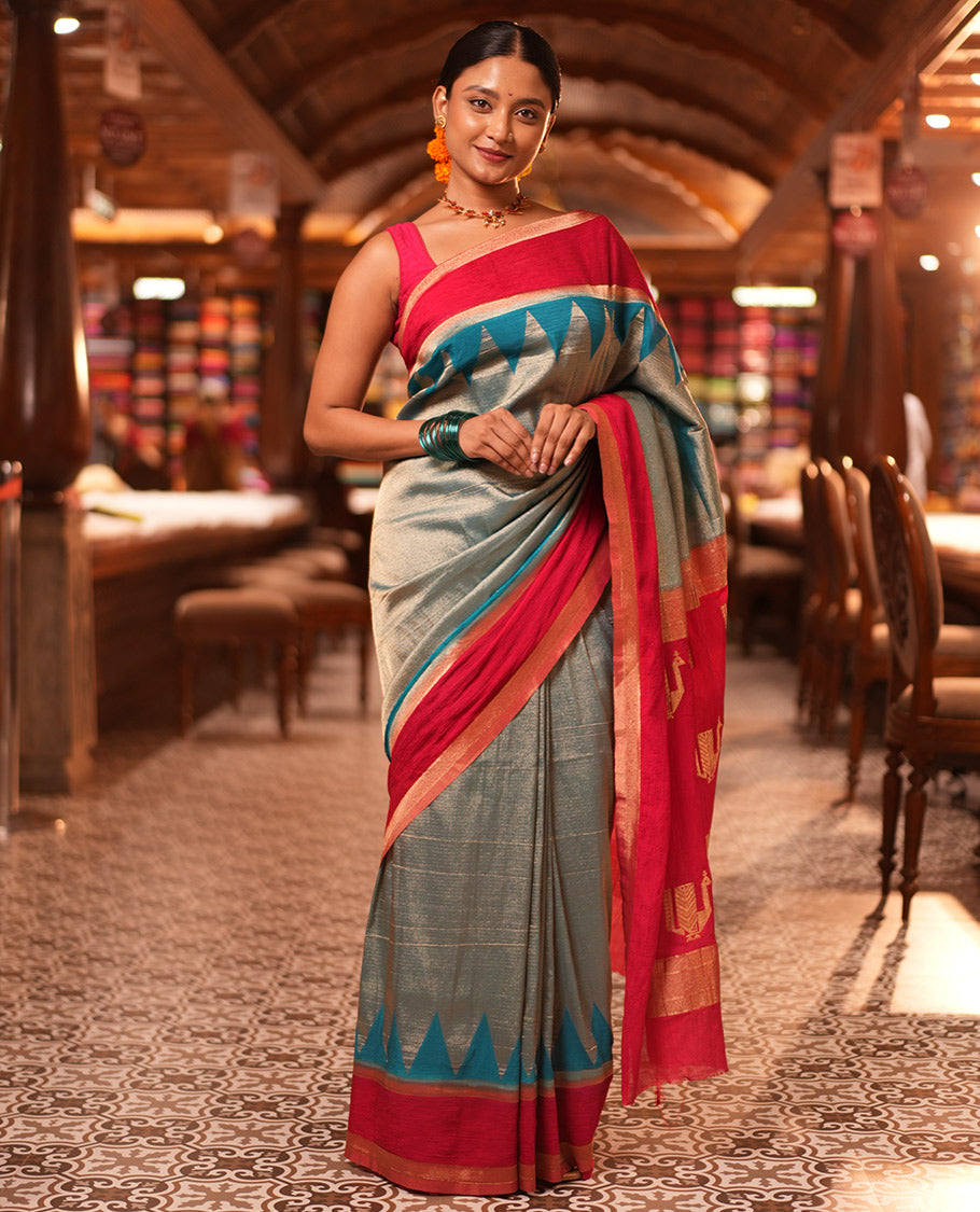 Rama Blue Wrinkle Crepe Saree, Contrast Temple Border, Peacock Pallu, and a Contrast Blouse