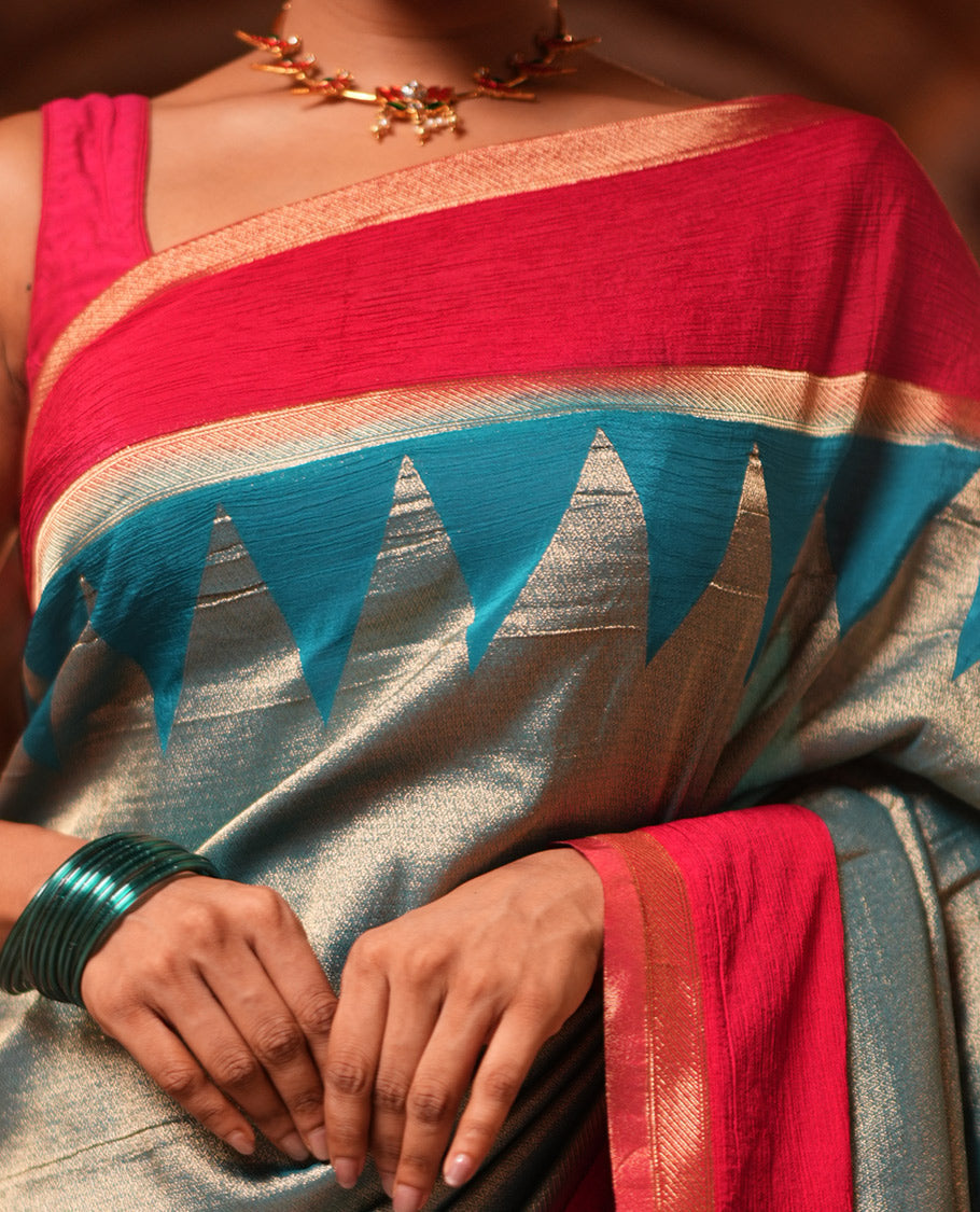 Rama Blue Wrinkle Crepe Saree, Contrast Temple Border, Peacock Pallu, and a Contrast Blouse