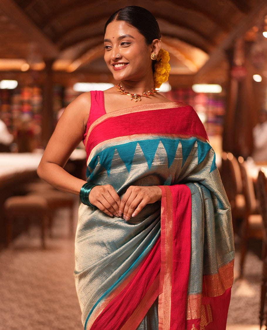 Rama Blue Wrinkle Crepe Saree, Contrast Temple Border, Peacock Pallu, and a Contrast Blouse