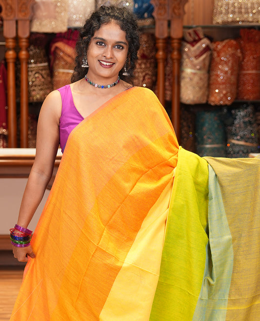 Borderless Parrot Green Khadi Cotton Saree