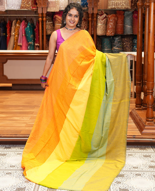 Borderless Parrot Green Khadi Cotton Saree