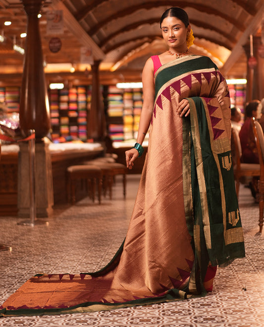Wine Wrinkle Crepe Saree, Contrast Temple Border, Peacock Pallu, and a Contrast Blouse