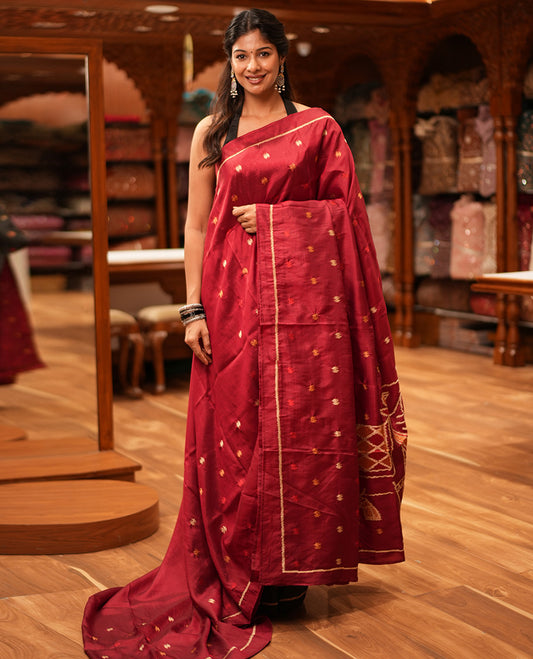 Maroon Matka Silk Saree Features Thread Buttas, a Self-Border, Pichwai Cow Pallu, Matching Blouse