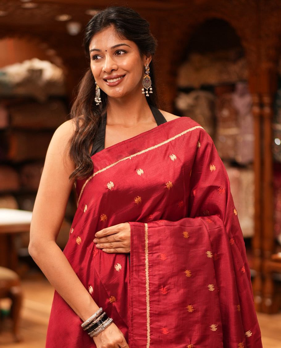 Maroon Matka Silk Saree Features Thread Buttas, a Self-Border, Pichwai Cow Pallu, Matching Blouse