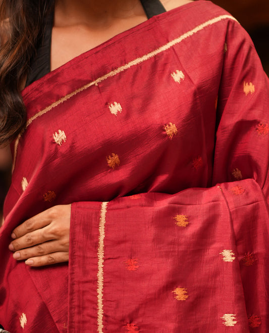 Maroon Matka Silk Saree Features Thread Buttas, a Self-Border, Pichwai Cow Pallu, Matching Blouse