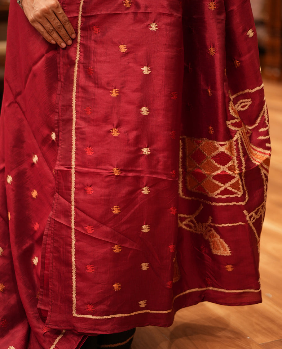 Maroon Matka Silk Saree Features Thread Buttas, a Self-Border, Pichwai Cow Pallu, Matching Blouse