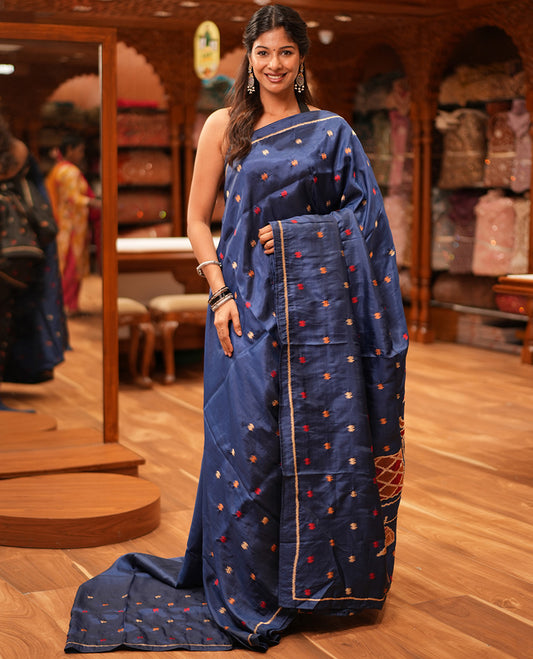 Sky Blue Matka Silk Saree Features Thread Buttas, a Self-Border, Pichwai Cow Pallu, Matching Blouse
