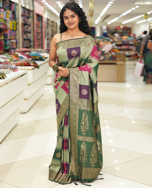 Green Elite Soft Silk Saree, Adorned with Zari Buttas and Checks, a Contrast Traditional Border, Grand Pallu, and a Contrast Blouse
