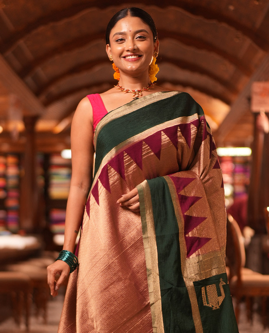 Wine Wrinkle Crepe Saree, Contrast Temple Border, Peacock Pallu, and a Contrast Blouse