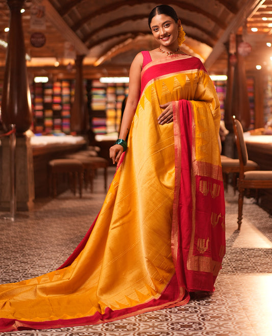 Yellow Wrinkle Crepe Saree, Contrast Temple Border, Peacock Pallu, and a Contrast Blouse