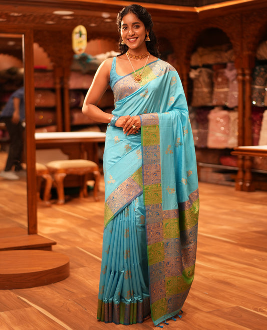 Sky Blue Zari Motifs Fancy Raw Silksaree, Contrast Intricate Zari Border, Matching Blouse