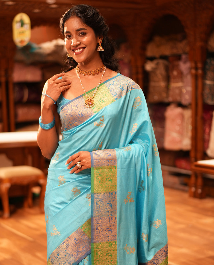 Sky Blue Zari Motifs Fancy Raw Silksaree, Contrast Intricate Zari Border, Matching Blouse