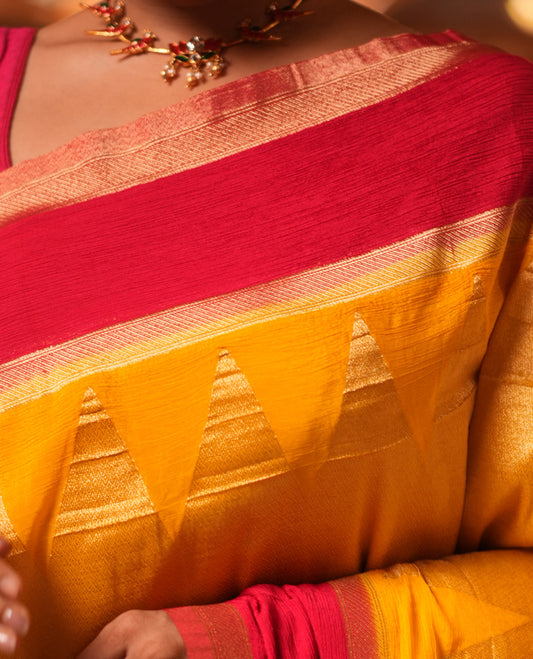 Yellow Wrinkle Crepe Saree, Contrast Temple Border, Peacock Pallu, and a Contrast Blouse