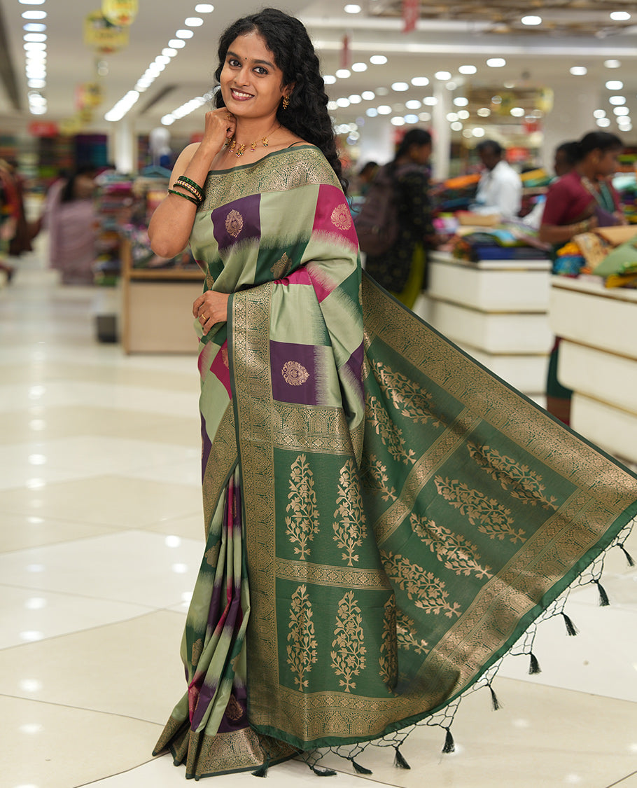 Green Elite Soft Silk Saree, Adorned with Zari Buttas and Checks, a Contrast Traditional Border, Grand Pallu, and a Contrast Blouse