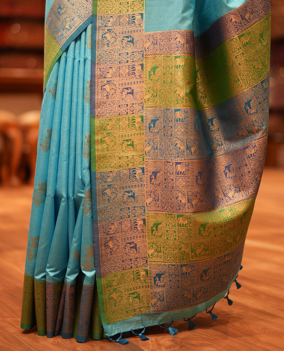 Sky Blue Zari Motifs Fancy Raw Silksaree, Contrast Intricate Zari Border, Matching Blouse