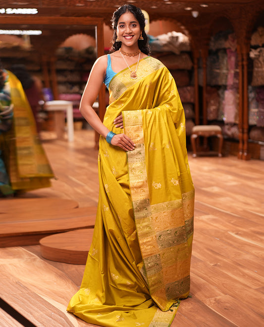 Olive Green Zari Motifs Fancy Raw Silksaree, Contrast Intricate Zari Border, Matching Blouse