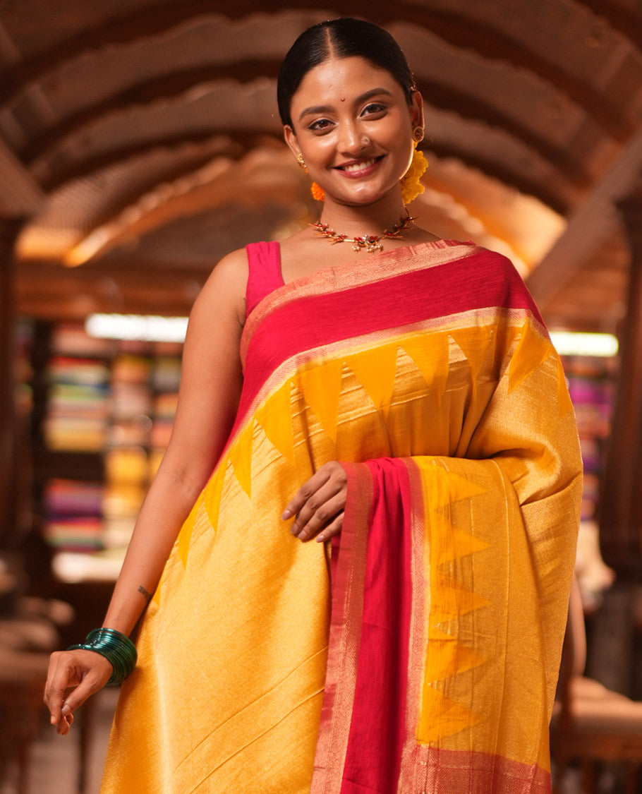 Yellow Wrinkle Crepe Saree, Contrast Temple Border, Peacock Pallu, and a Contrast Blouse