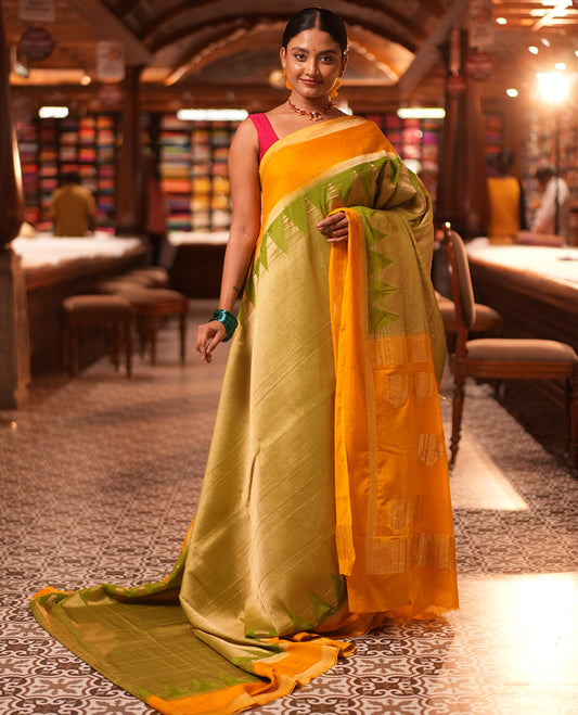 Parrot Green Wrinkle Crepe Saree, Contrast Temple Border, Peacock Pallu, and a Contrast Blouse