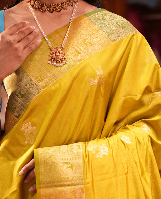 Olive Green Zari Motifs Fancy Raw Silksaree, Contrast Intricate Zari Border, Matching Blouse