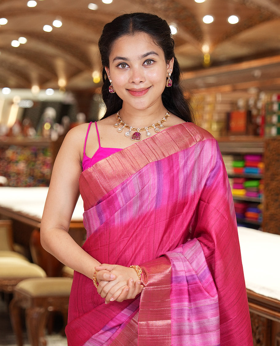 Pink Plain Fancy Tussar Saree, Highlighted by a Zari Bavanji Handbrush Painting-Style Striped Border, Striped Pallu, and Paired with a Matching Blouse