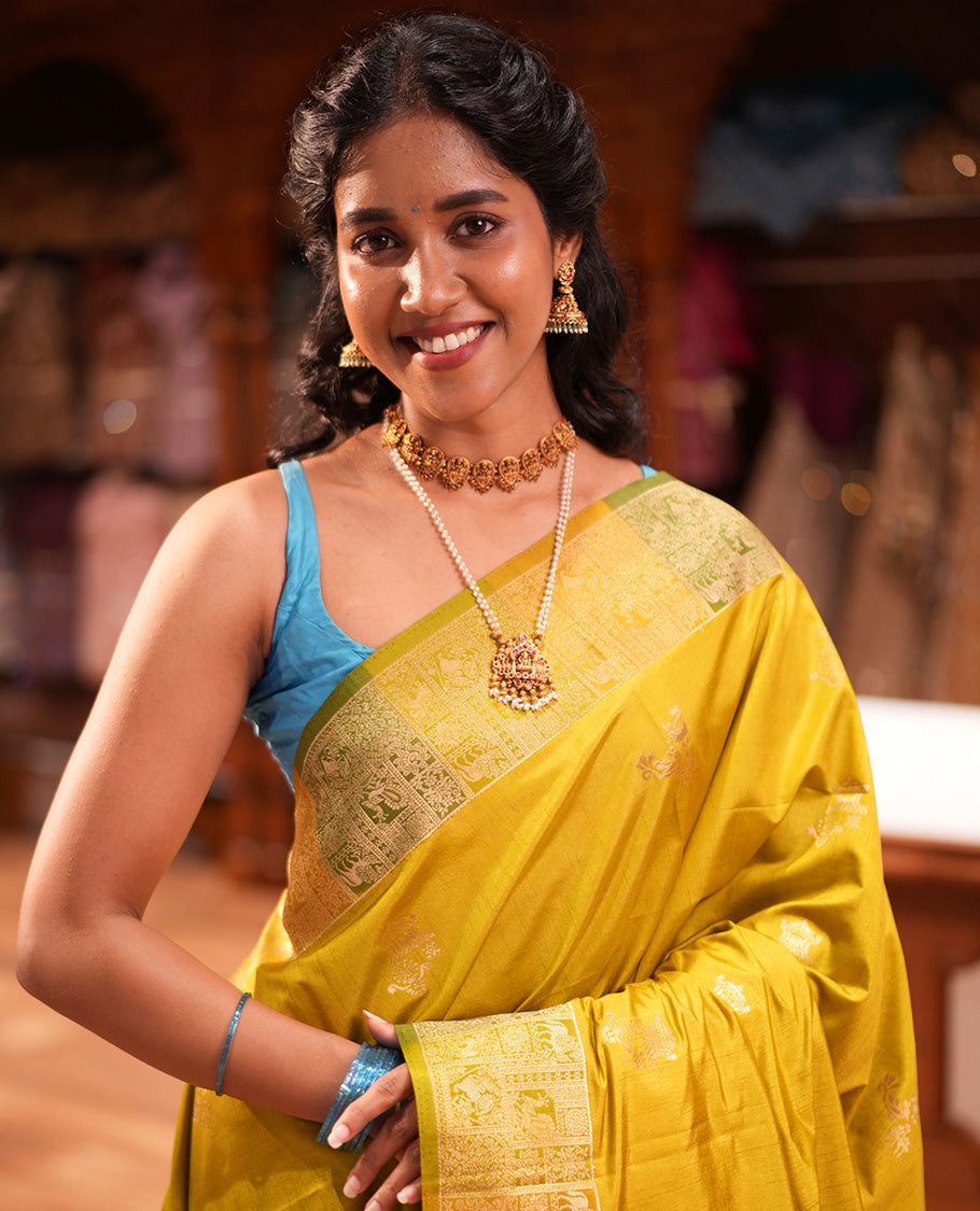 Olive Green Zari Motifs Fancy Raw Silksaree, Contrast Intricate Zari Border, Matching Blouse