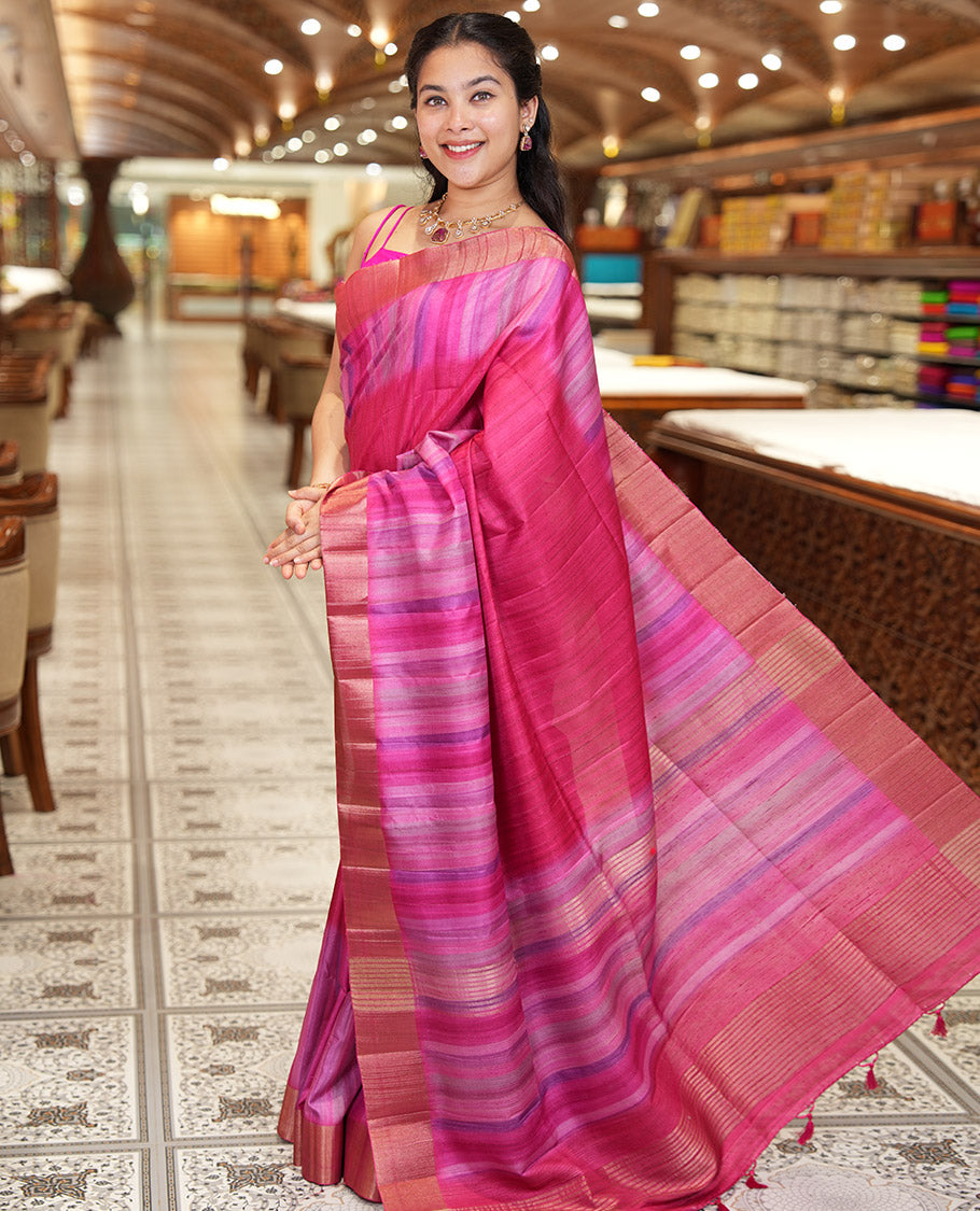 Pink Plain Fancy Tussar Saree, Highlighted by a Zari Bavanji Handbrush Painting-Style Striped Border, Striped Pallu, and Paired with a Matching Blouse