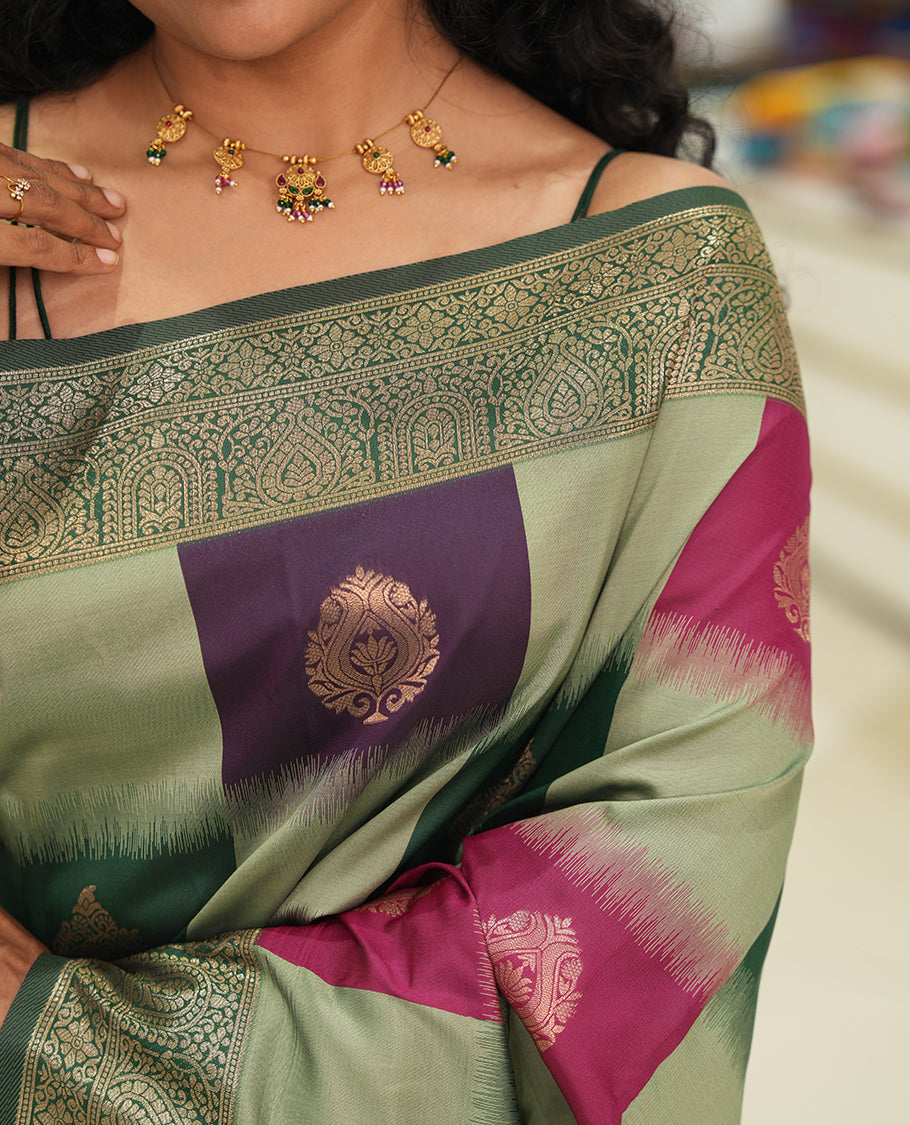 Green Elite Soft Silk Saree, Adorned with Zari Buttas and Checks, a Contrast Traditional Border, Grand Pallu, and a Contrast Blouse