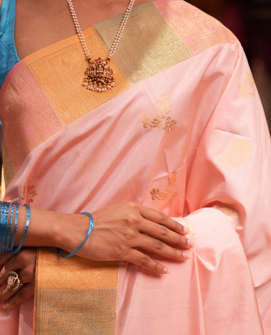 Peach Zari Motifs Fancy Raw Silksaree, Contrast Intricate Zari Border, Matching Blouse