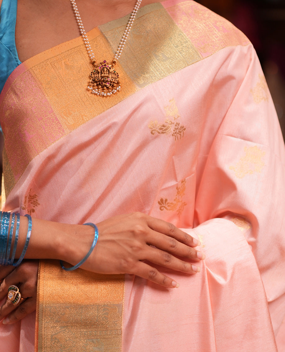 Peach Zari Motifs Fancy Raw Silksaree, Contrast Intricate Zari Border, Matching Blouse