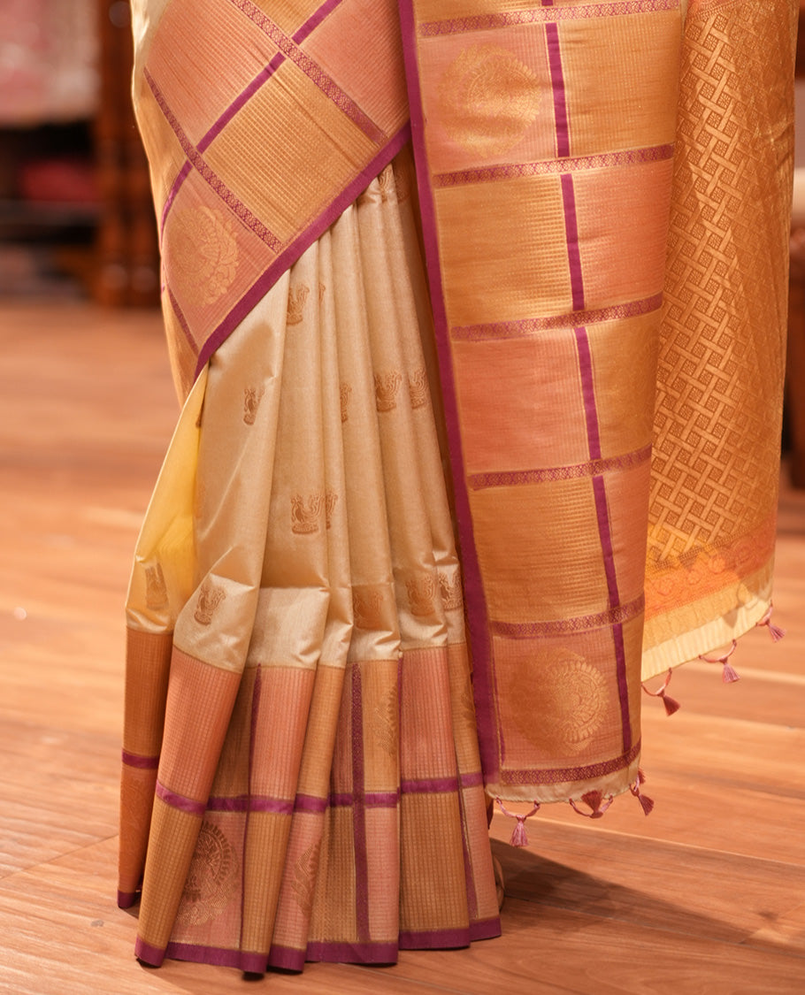 Onion Pink Peacock Motif Fancy Raw Silksaree, Contrast Checked Zari Border, Jaal Pallu, Matching Blouse
