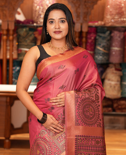 Onion Pink Satin Silk Saree, Adorned with Warli Motif Print, Highlighted by Warli Printed Zari Border, Warli-Village Palllu, and a Matching Blouse