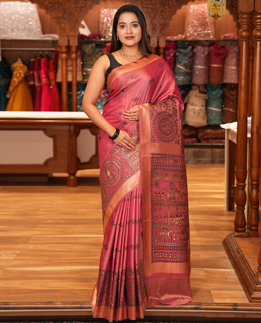 Onion Pink Satin Silk Saree, Adorned with Warli Motif Print, Highlighted by Warli Printed Zari Border, Warli-Village Palllu, and a Matching Blouse