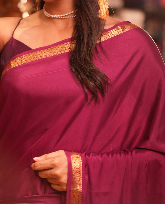 Wine Plain Semi-Mysore Saree, a Zari Elephant-Peacock Butta Border, Striped Pallu, Matching Blouse