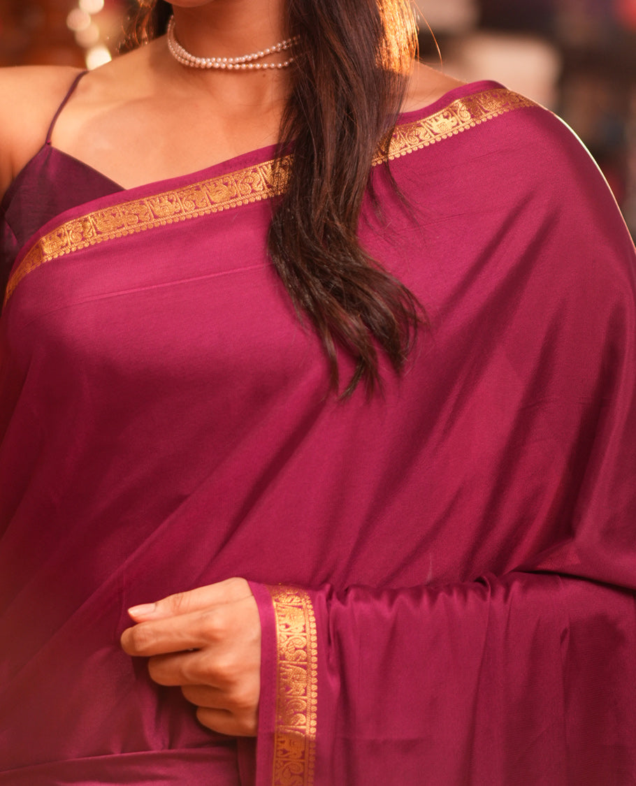 Wine Plain Semi-Mysore Saree, a Zari Elephant-Peacock Butta Border, Striped Pallu, Matching Blouse