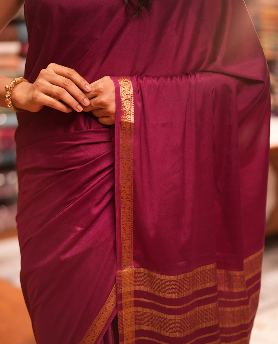 Wine Plain Semi-Mysore Saree, a Zari Elephant-Peacock Butta Border, Striped Pallu, Matching Blouse