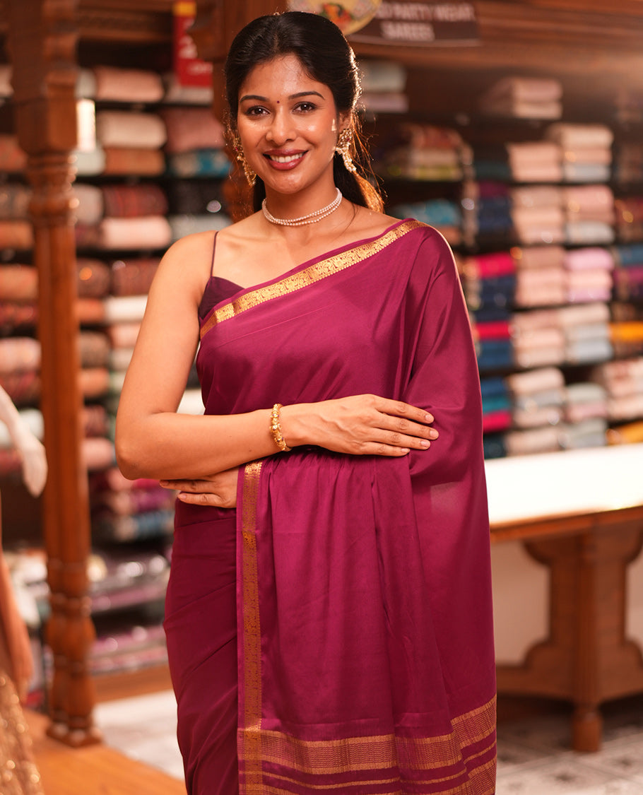 Wine Plain Semi-Mysore Saree, a Zari Elephant-Peacock Butta Border, Striped Pallu, Matching Blouse