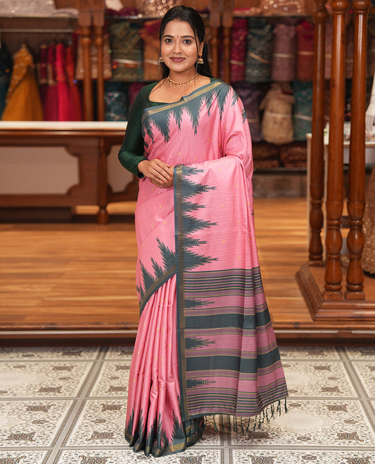 Baby Pink Katan Silk Saree Features Buttas, Complemented by Contrast Temple Zari Border, Striped Pallu, and a Contrast Blouse