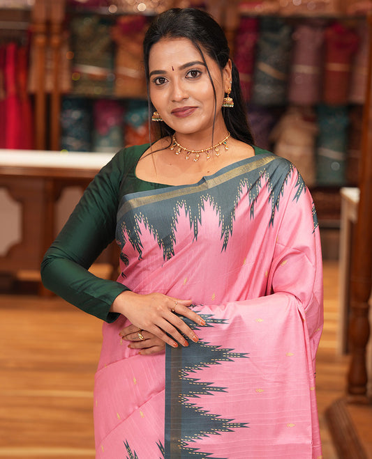 Baby Pink Katan Silk Saree Features Buttas, Complemented by Contrast Temple Zari Border, Striped Pallu, and a Contrast Blouse