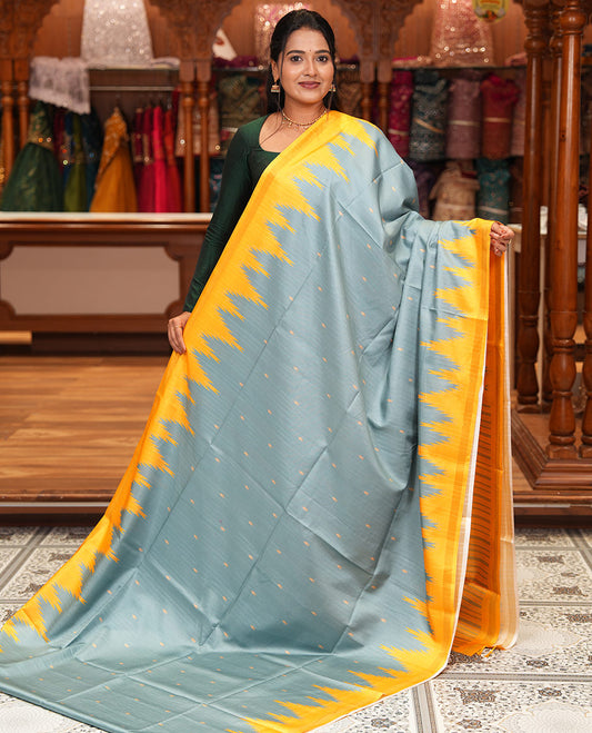Teal Green Katan Silk Saree Features Buttas, Complemented by Contrast Temple Zari Border, Striped Pallu, and a Contrast Blouse