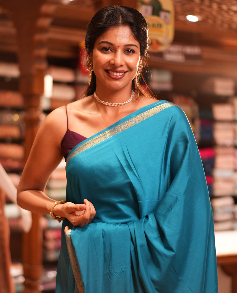 Rama Blue Plain Semi-Mysore Saree, a Zari Elephant-Peacock Butta Border, Striped Pallu, Matching Blouse