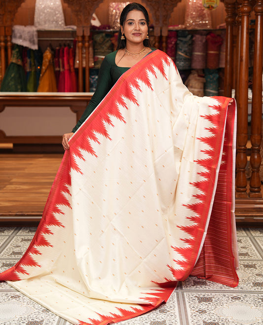 Cream-Red Katan Silk Saree Features Buttas, Complemented by Contrast Temple Zari Border, Striped Pallu, and a Contrast Blouse