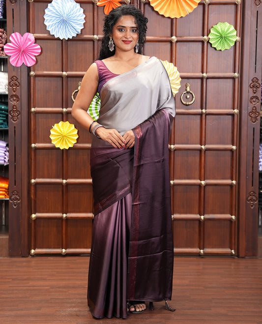 Grey-Wine Plain Ombre-Style Satin Crepe Saree