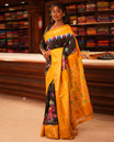 Black Flora-Elephant Buttas Pochampally Ikat Saree, Contrast Border and Blouse