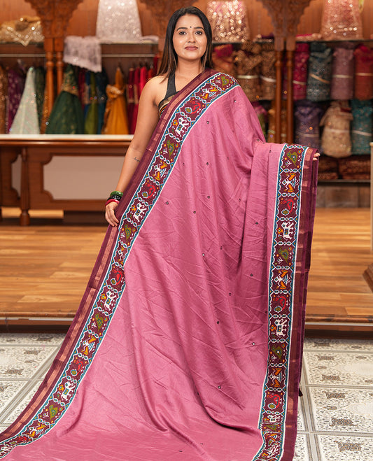 Onion Pink Manipuri Tussar Saree Features Mirror Work, Contrast Patola Elephant Printed Border, Patola Pallu, Matching Blouse