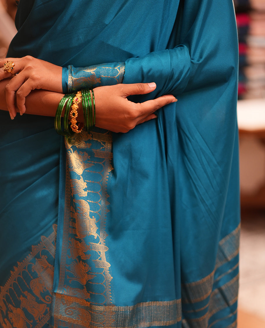 Rama Blue Plain Semi-Mysore Saree, Zari Wedding-Themed Border, Zari Striped Pallu, Matching Blouse