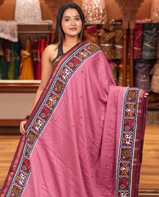Onion Pink Manipuri Tussar Saree Features Mirror Work, Contrast Patola Elephant Printed Border, Patola Pallu, Matching Blouse