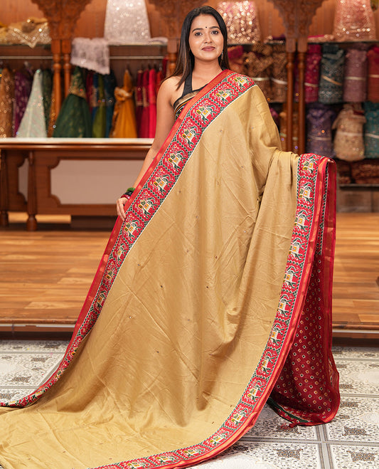 Chikku Manipuri Tussar Saree Features Mirror Work, Contrast Patola Elephant Printed Border, Patola Pallu, Matching Blouse