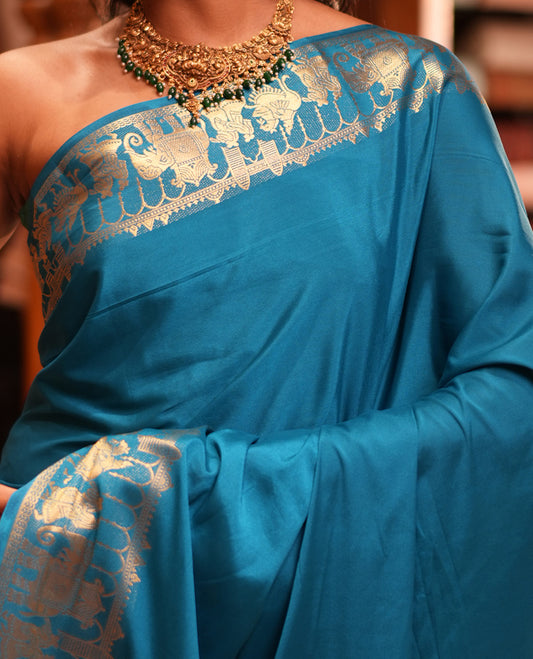 Rama Blue Plain Semi-Mysore Saree, Zari Wedding-Themed Border, Zari Striped Pallu, Matching Blouse