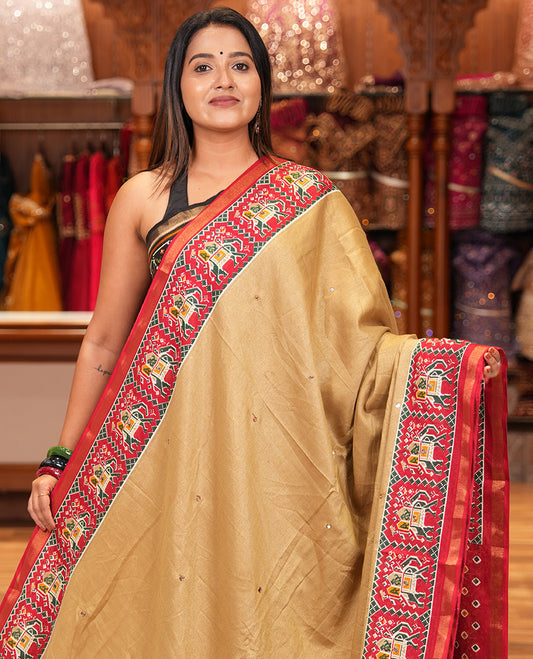 Chikku Manipuri Tussar Saree Features Mirror Work, Contrast Patola Elephant Printed Border, Patola Pallu, Matching Blouse